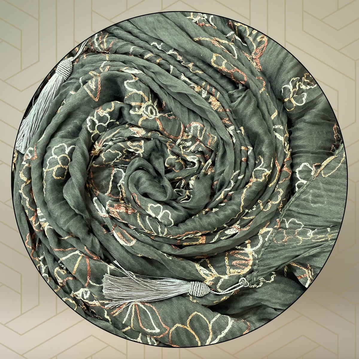FAHABO Scarf Woman Pleated Cotton Scarves with Embroidery and Tassels | Hijab Scarf | Headscarf | Neck Scarf | Stoles | Wraps (Pebble Grey -1)