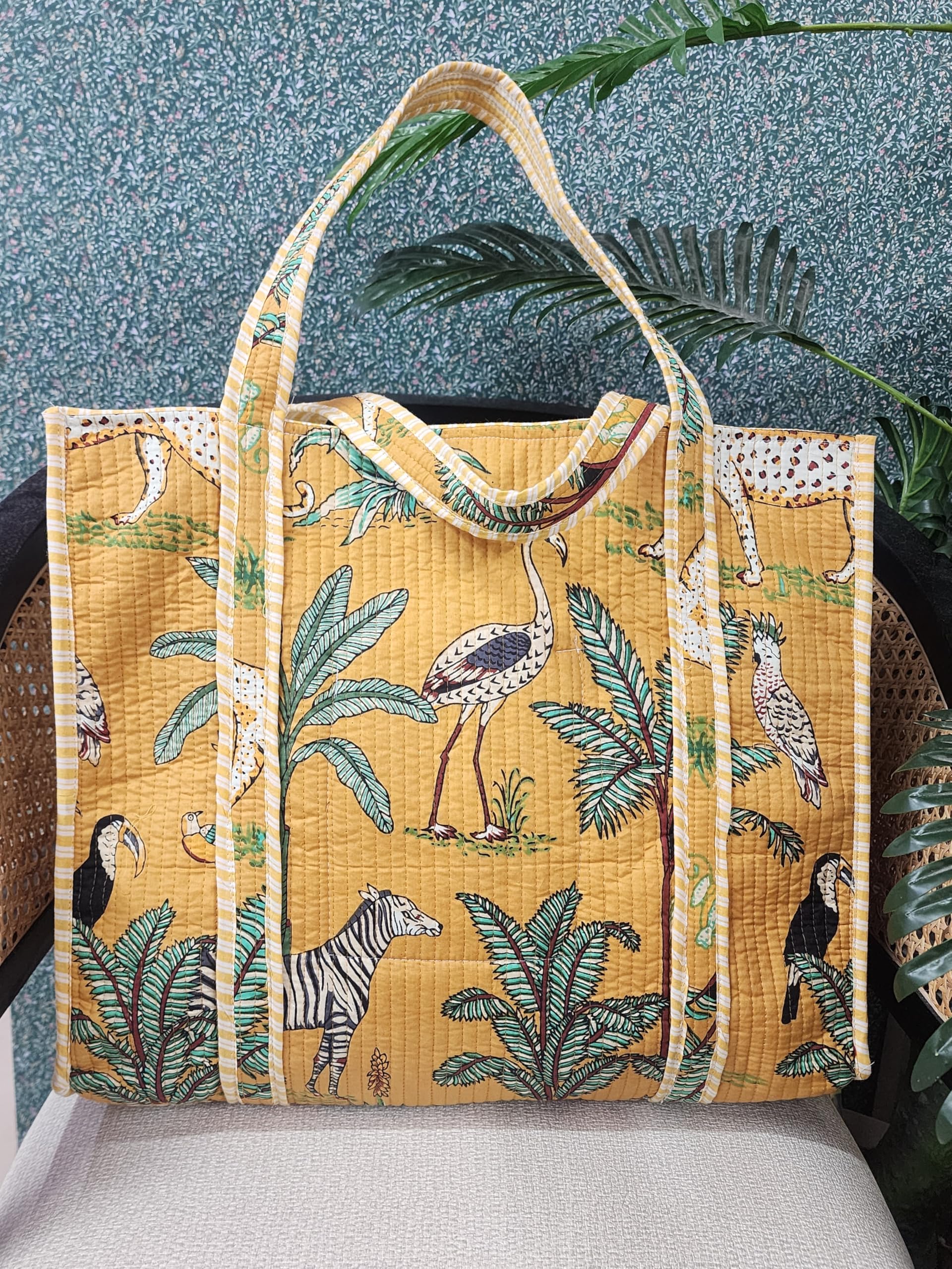 HOUSE OF GULAB Tote Bag with Long Handler & Inside Pocket (Yellow & Green)