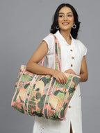 Ravaiyaa - Attitude is everything Women & Man Beautiful Printed Cotton Grocery Shopping Bag | Shoulder Bag | Cotton Tote Bag | Travel Tote Bags 18x5.5x16 Inch (Peach Peacock Garden)
