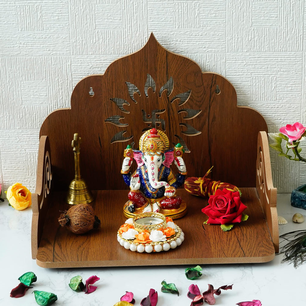 eCraftIndia Flower Swastika Design Wooden Temple for Home Office | Home Temple Pooja Mandir | Small Temple Gift for Diwali Housewarming