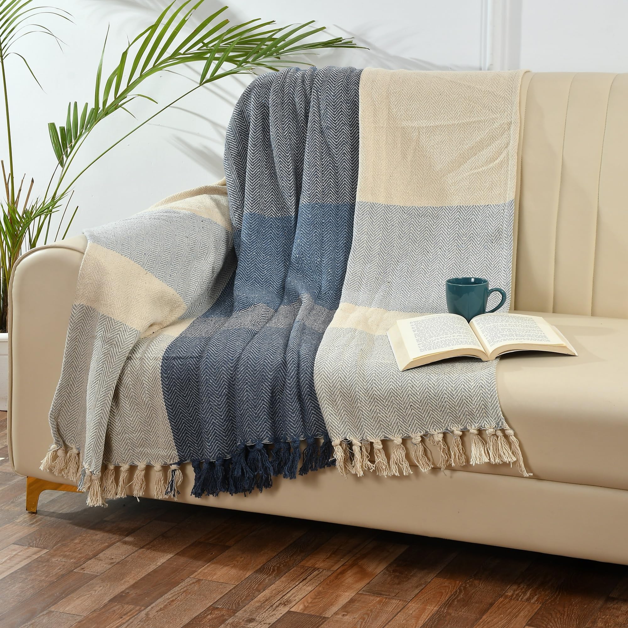 SASHAA WORLD Blue and White Cotton Throw | Ideal for Your Home, Living Room, Sofa, Bed, Chair, Picnic & Used for Gift | 60X80 inches| TC - 125 Kafalo