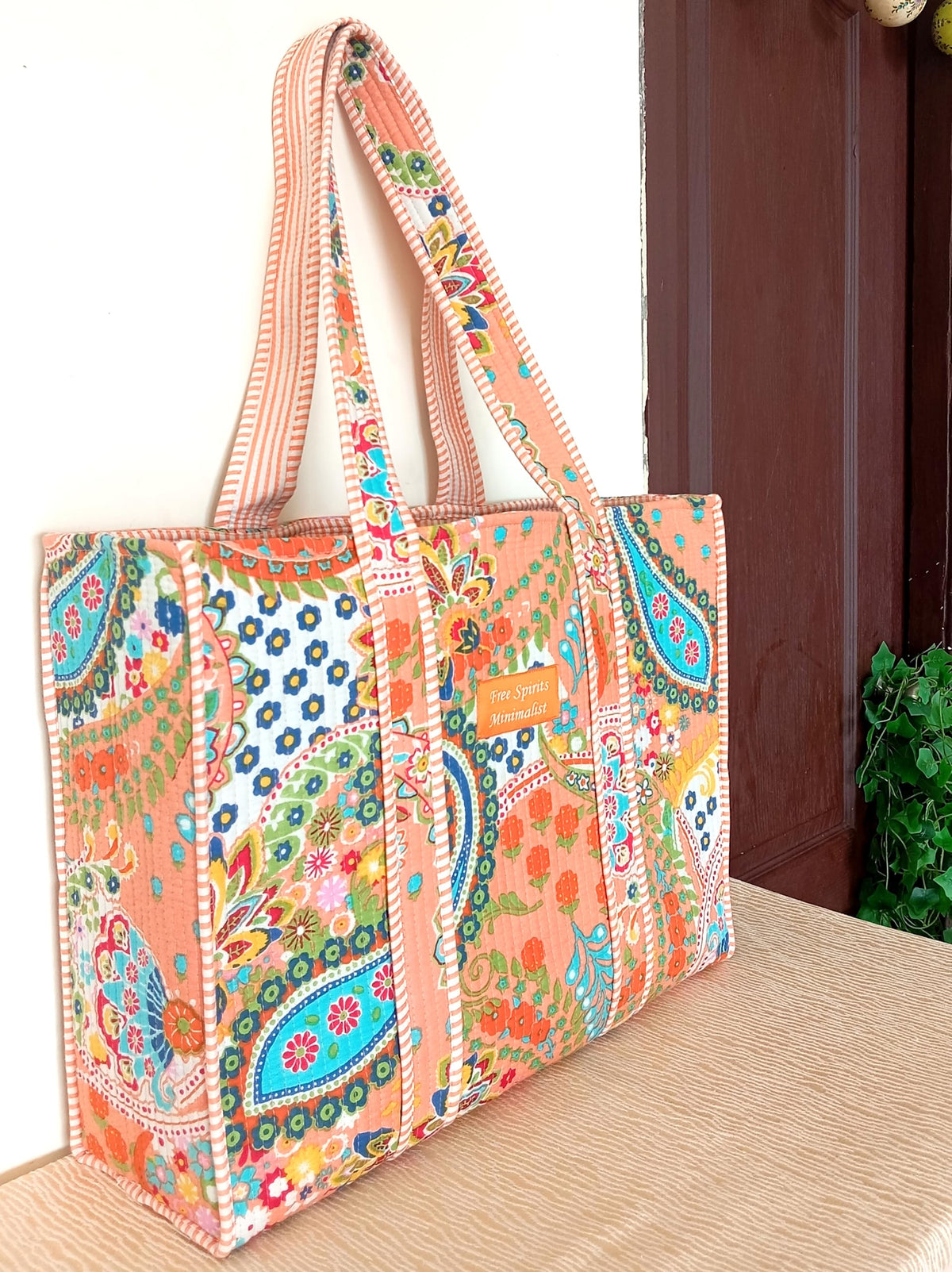 Cotton Tote bag for Women | Shoulder Bag | Durable Shopping bag | Reusable Grocery Bags | Eco friendly Bags| Handmade Cotton Bag | Stylish Quilted handBag |Vegan Tote Bag (PEACH MULT)