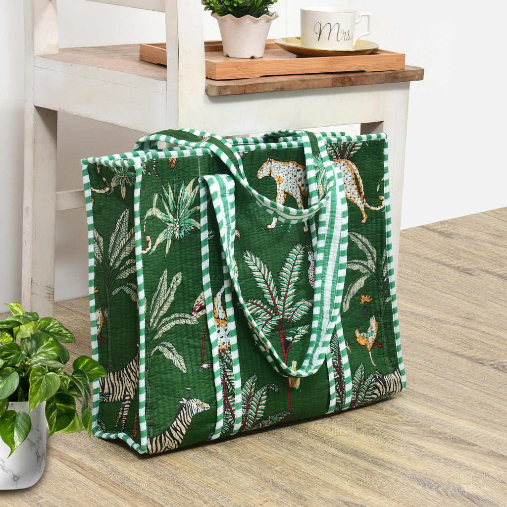 MITTICO Quilted Cotton Tote Bag for Women – Large Shoulder Handbag with Zipper & Multiple Pockets | Lightweight Travel Tote for Office, Shopping & Daily Use | Green Jungle Print