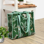 MITTICO Quilted Cotton Tote Bag for Women – Large Shoulder Handbag with Zipper & Multiple Pockets | Lightweight Travel Tote for Office, Shopping & Daily Use | Green Jungle Print