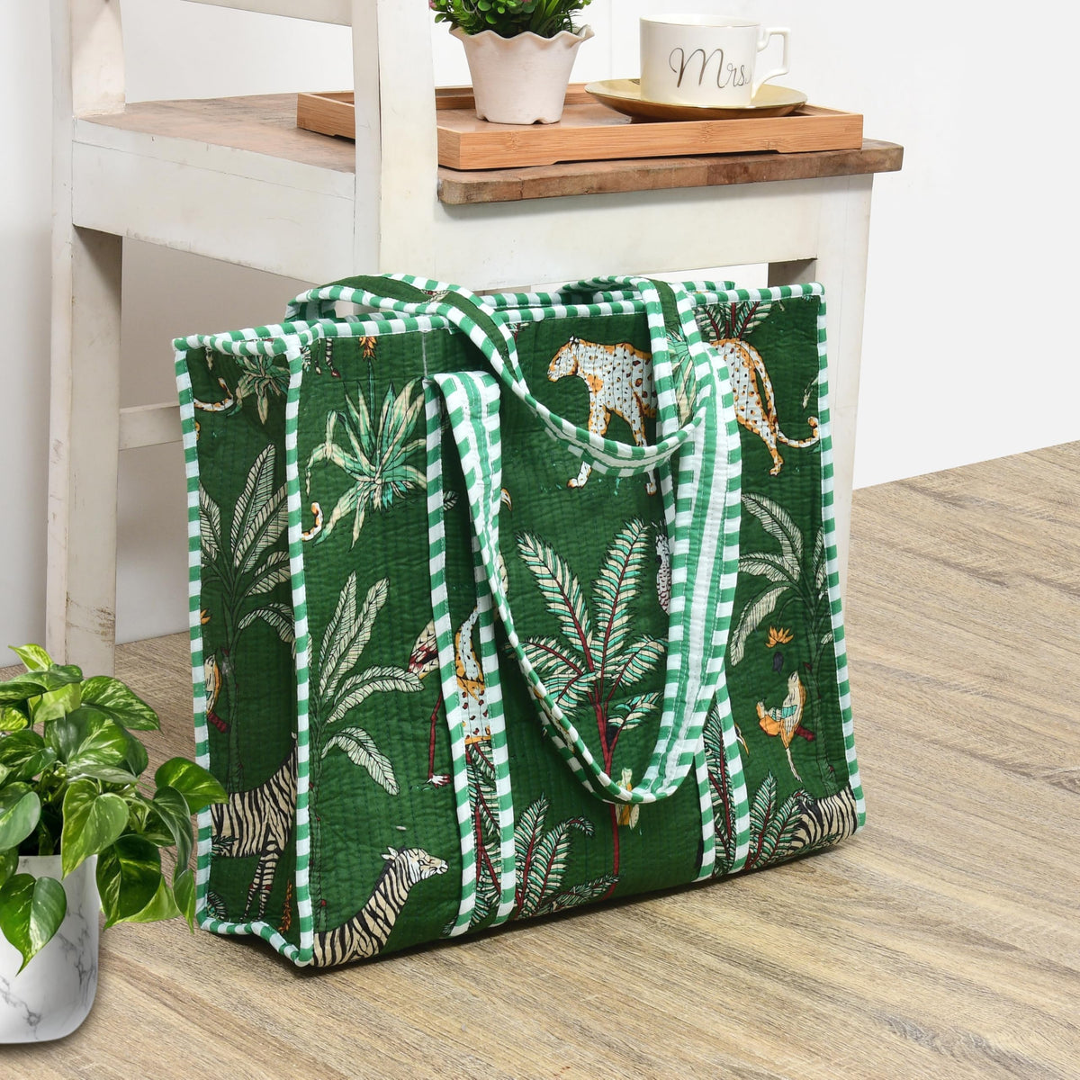 MITTICO Quilted Cotton Tote Bag for Women – Large Shoulder Handbag with Zipper & Multiple Pockets | Lightweight Travel Tote for Office, Shopping & Daily Use | Green Jungle Print