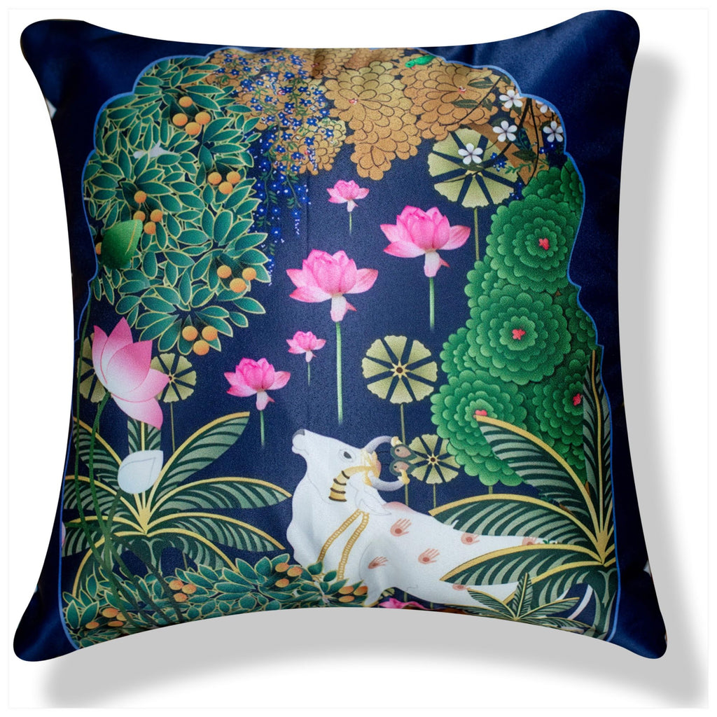 Vendola Decorative Satin Sofa Cushion Covers Set of 5, 20 Inch x 20 inch, Ethic, Festive Sofa Pillow Cover, Beige, Blue & Green, Palace, Animal & Cow Design, Zipper Closure (Palace, 20X20 Inches)