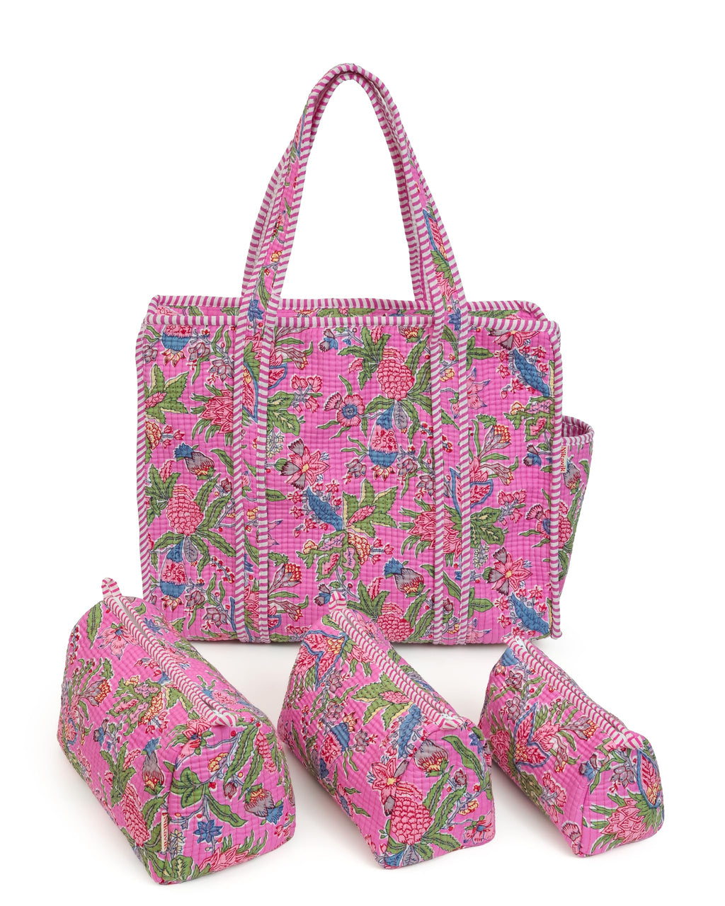 NIKAVIK 1 Tote Bag and 3 Pouches | Jaipuri Quilted fabric Handblock Printed Tote Bag (with zip closure and bottle compartment) with Matching Pouches (Pink Multi)