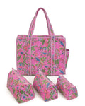 NIKAVIK 1 Tote Bag and 3 Pouches | Jaipuri Quilted fabric Handblock Printed Tote Bag (with zip closure and bottle compartment) with Matching Pouches (Pink Multi)
