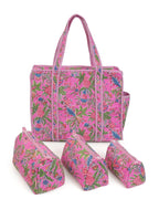 NIKAVIK 1 Tote Bag and 3 Pouches | Jaipuri Quilted fabric Handblock Printed Tote Bag (with zip closure and bottle compartment) with Matching Pouches (Pink Multi)