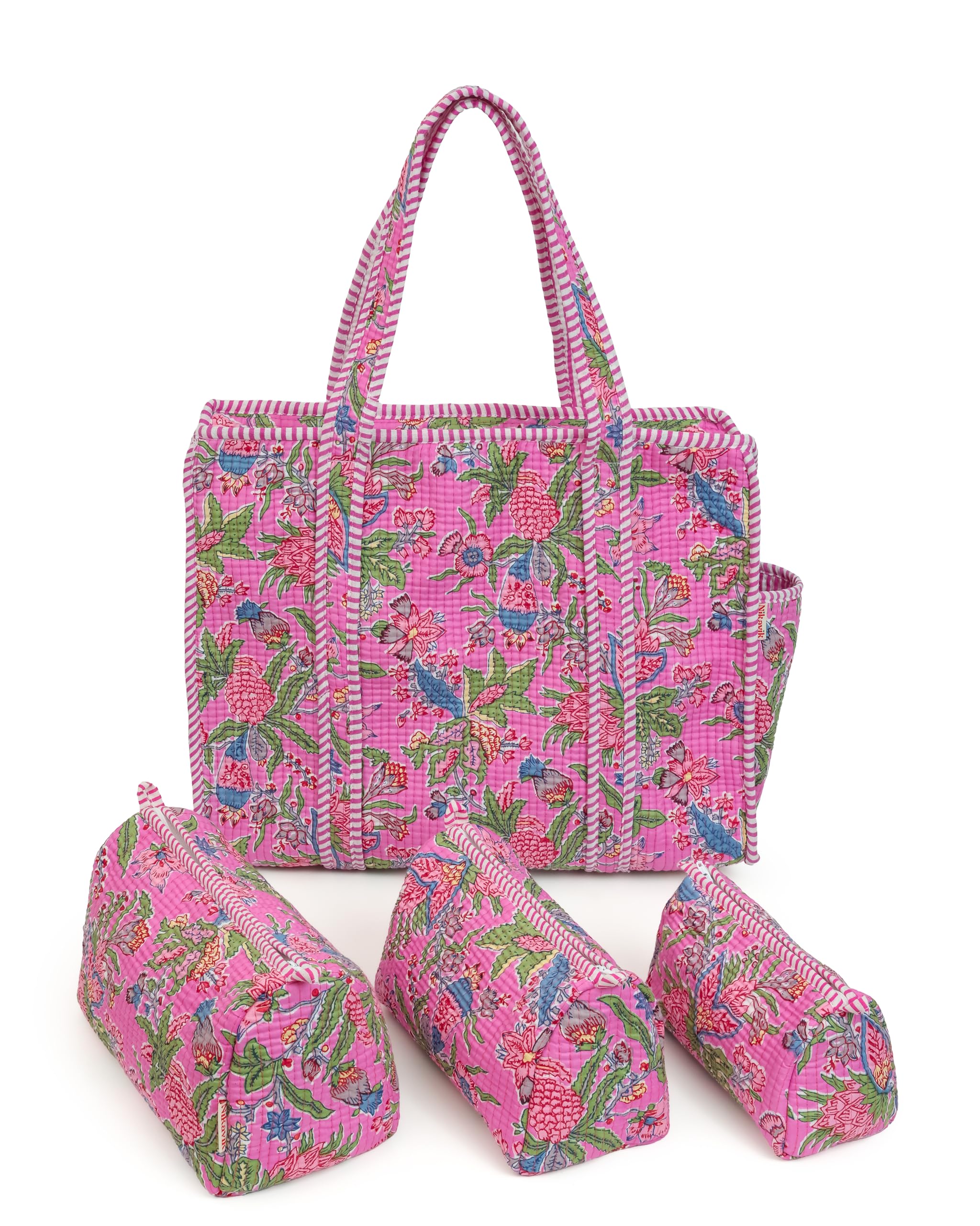 NIKAVIK 1 Tote Bag and 3 Pouches | Jaipuri Quilted fabric Handblock Printed Tote Bag (with zip closure and bottle compartment) with Matching Pouches (Pink Multi)