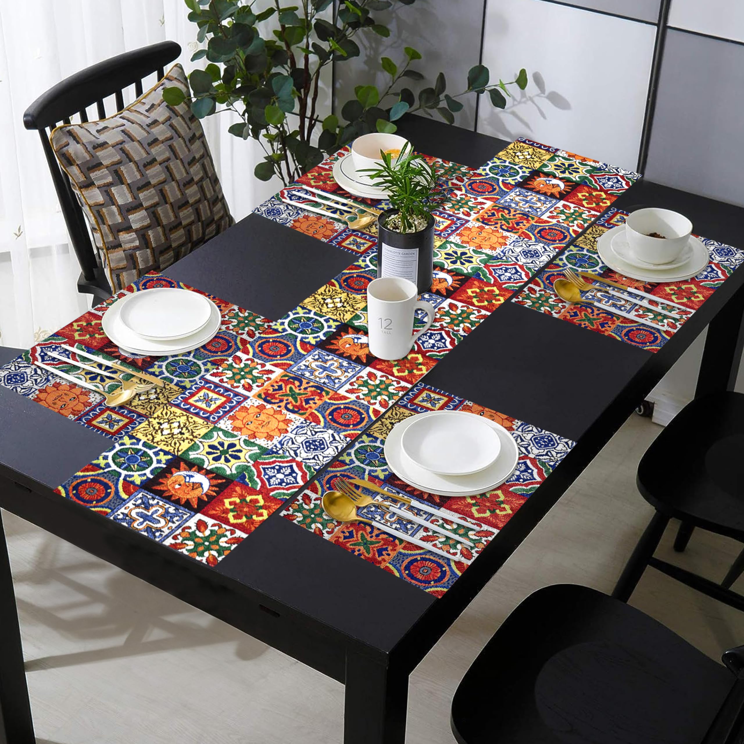 PRAKARTIK BY INDUARTS Sun Moon and Stars Eco-Friendly Cotton Dining Table Mats with Runner – Reusable, Machine Washable, Everyday Use Red and White Rectangular Placemats, Set of 4+135 cm Runner Kafalo