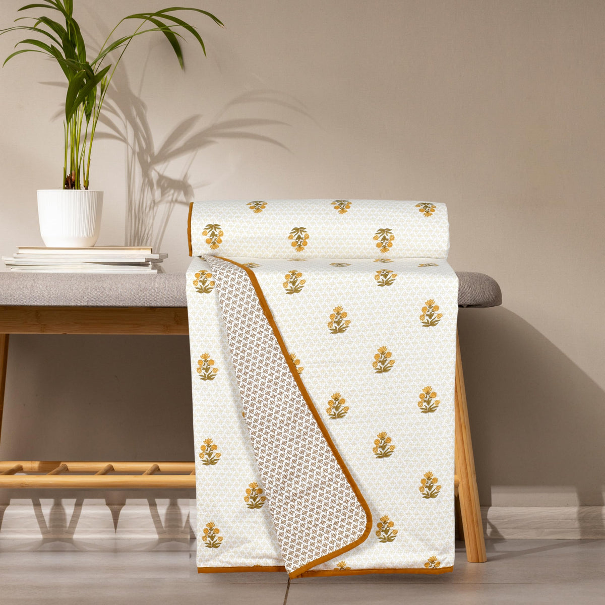 Danip Pure Cotton Reversible AC Dohar Blanket, Throw - Printed Soft, Skin-Friendly, Lightweight & Ideal for All-Weather - 3 Layered Single Bed Dohar for AC Rooms (56 x 88 Inches) - White & M Yellow Kafalo