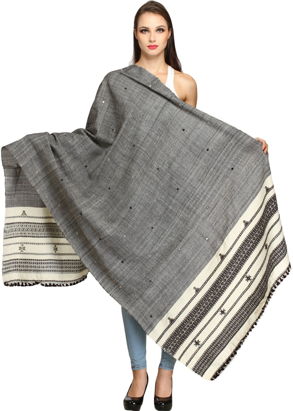 Exotic India Women's Shawl (SHT35_Charcoal Gray_Free Size)