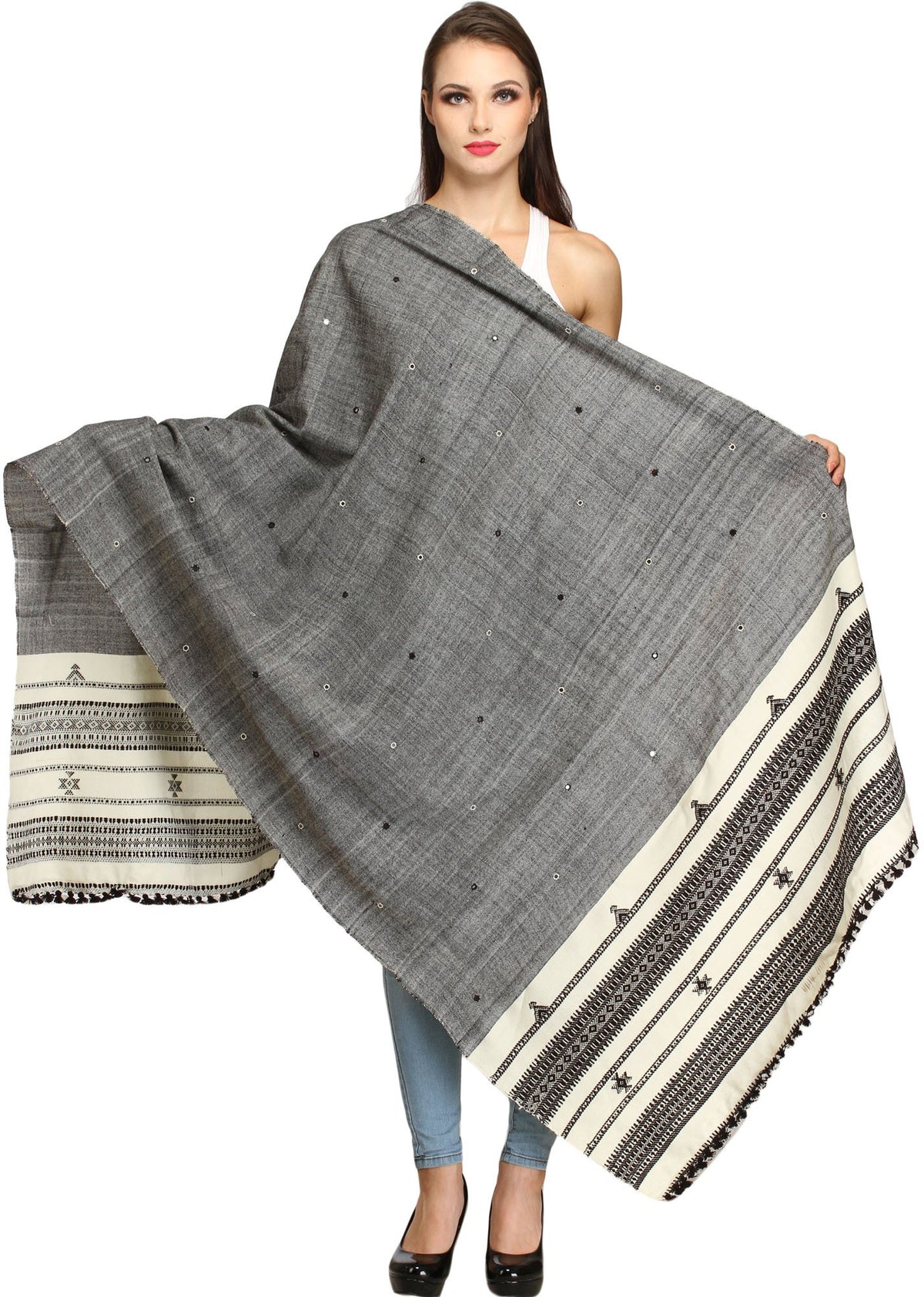 Exotic India Women's Shawl (SHT35_Charcoal Gray_Free Size)