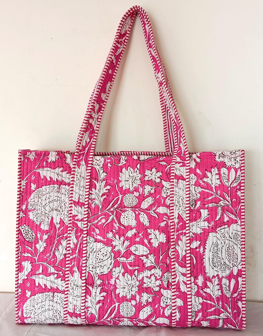 Cotton Tote bag for Women | Shoulder Bag | Reversible Bag | Durable Shopping bag | Reusable Grocery Bags | Eco friendly Bags| Handmade Cotton Bag | Stylish Quilted handBag (Pink White)