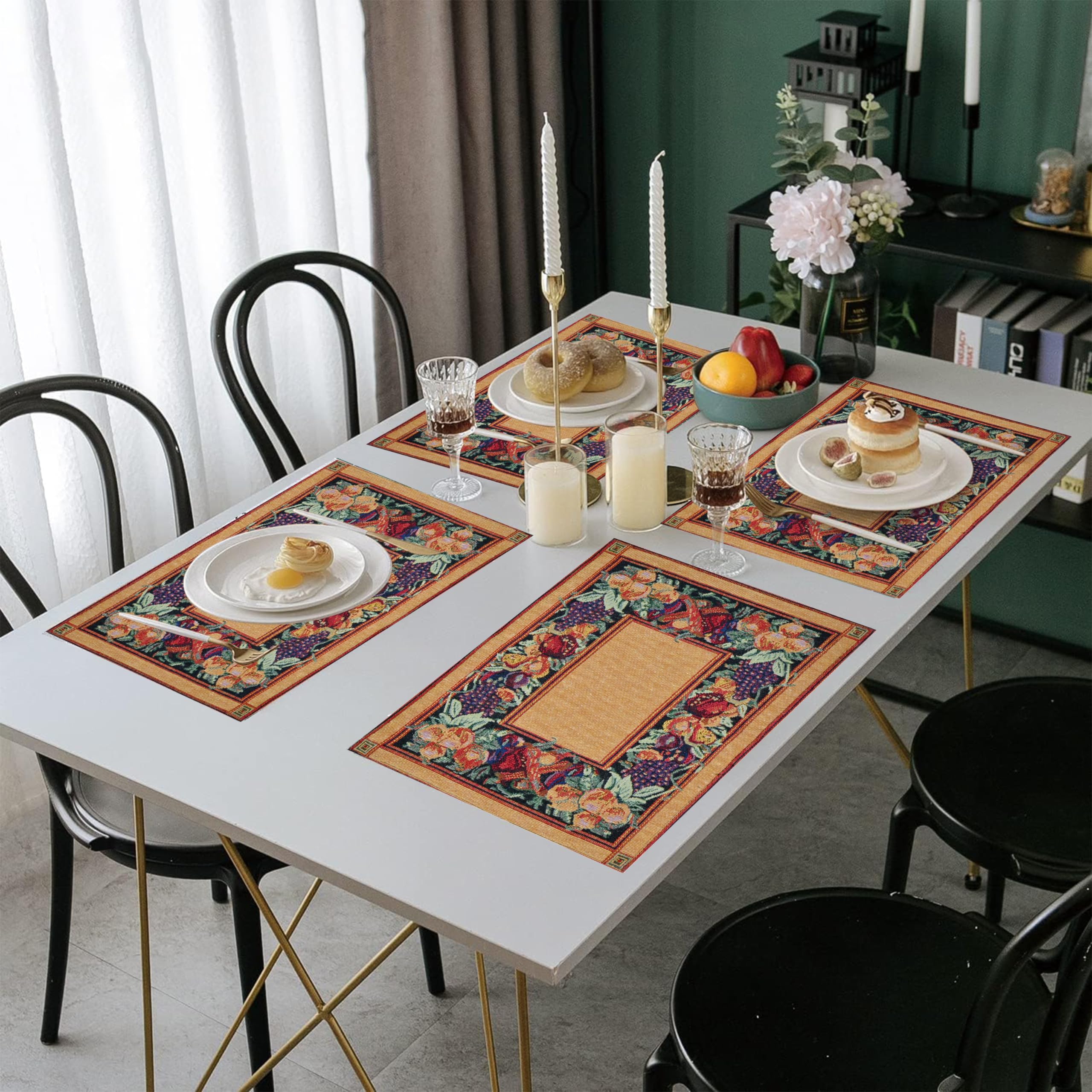 PRAKARTIK BY INDUARTS Fruit and Veggie Border Design Eco-Friendly Cotton Dining Rectangular Table mats - Reusable, Machine Washable, Everyday Use Bronze & Green Placemats, Set of 4 (33x47 cm) Kafalo