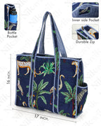 NIKAVIK Quilted Cotton Tote bag – Exotic Animal Print Foldable and Ideal for Travel Shopping Beach Trips or Daily Essentials (Blue)