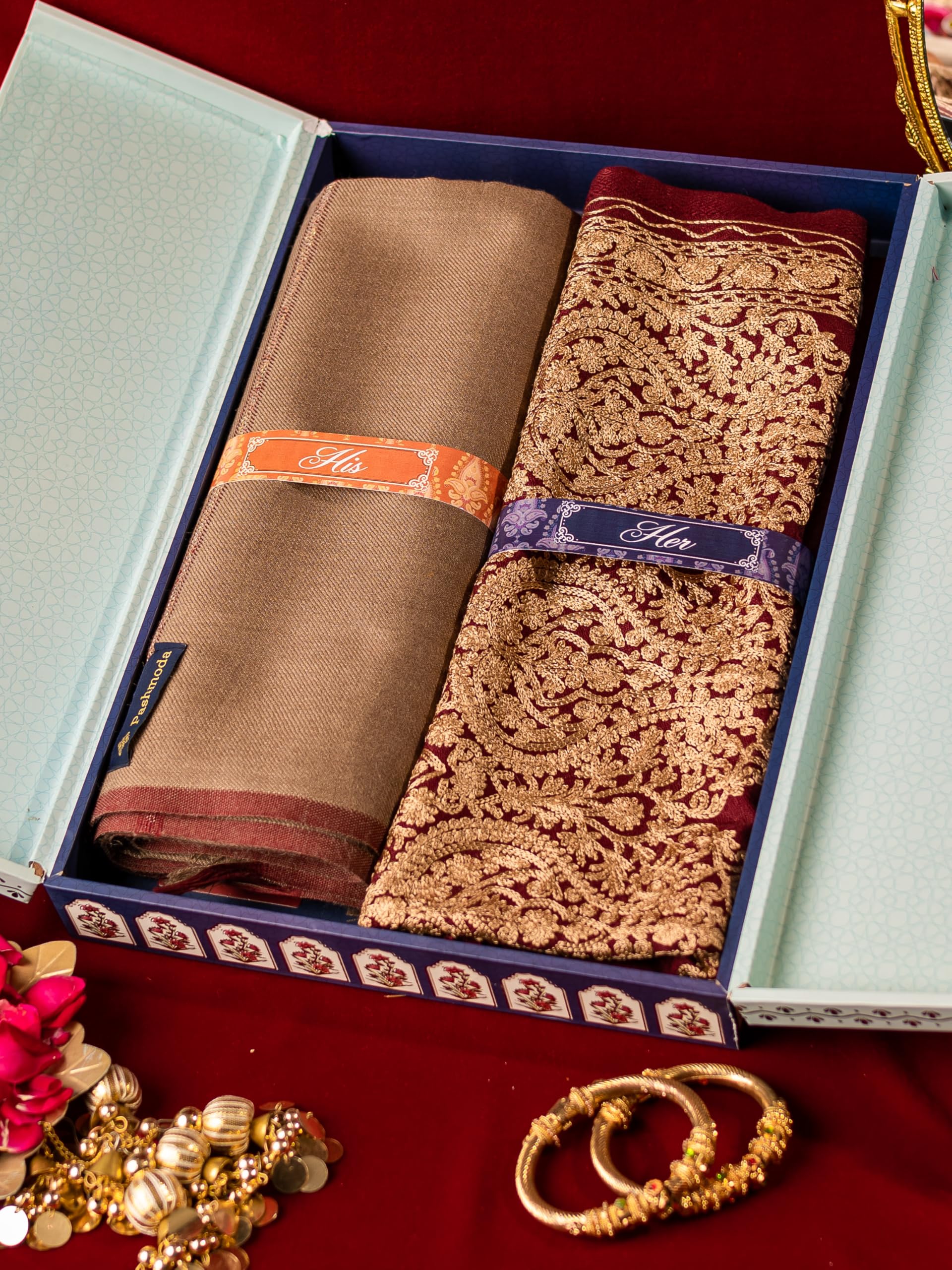 Pashmoda His and Her Gift Set of Fine wool and Embroidered Stole With Wooden Gift Box