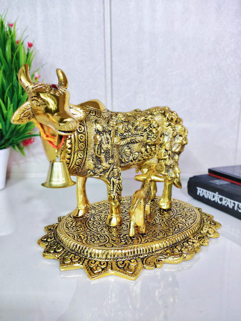 Prince Home Decor & Gifts Metal Kamdhenu Cow with Calf Statue Standard Gold, 1 Piece
