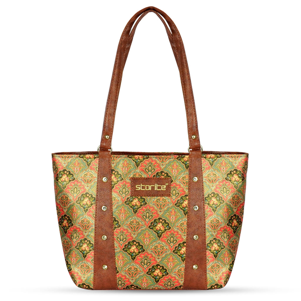 Storite Women's Tote Bag With Leather Handles & Embroidery Printed Handbag With Zip Pockets, Shoulder Tote Bag And Handbag For Office And College(26x9x24cm)