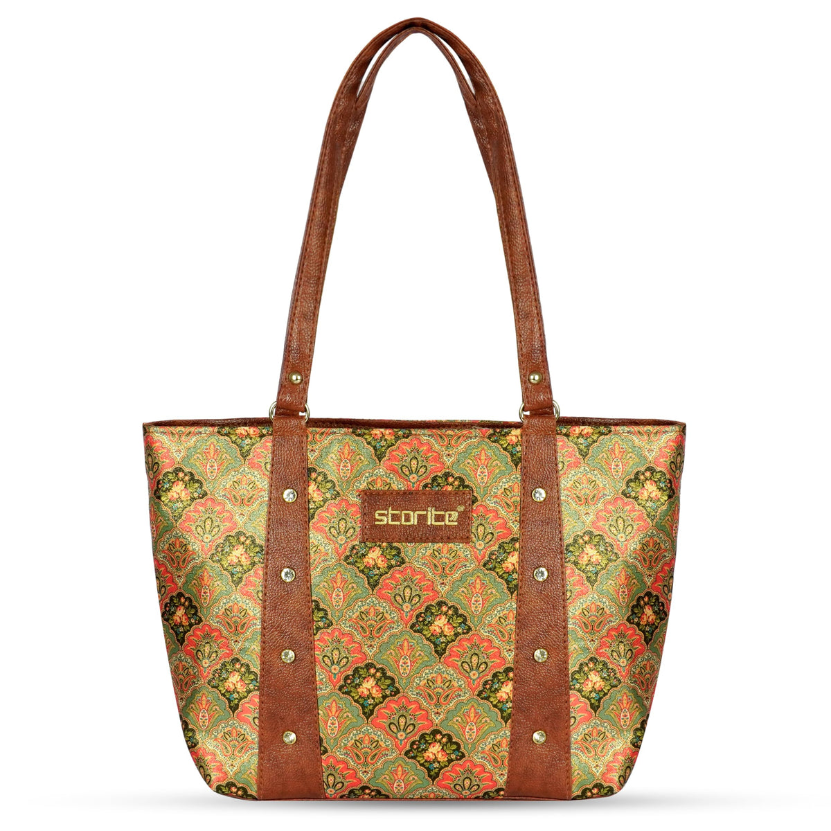 Storite Women's Tote Bag With Leather Handles & Embroidery Printed Handbag With Zip Pockets, Shoulder Tote Bag And Handbag For Office And College(26x9x24cm)