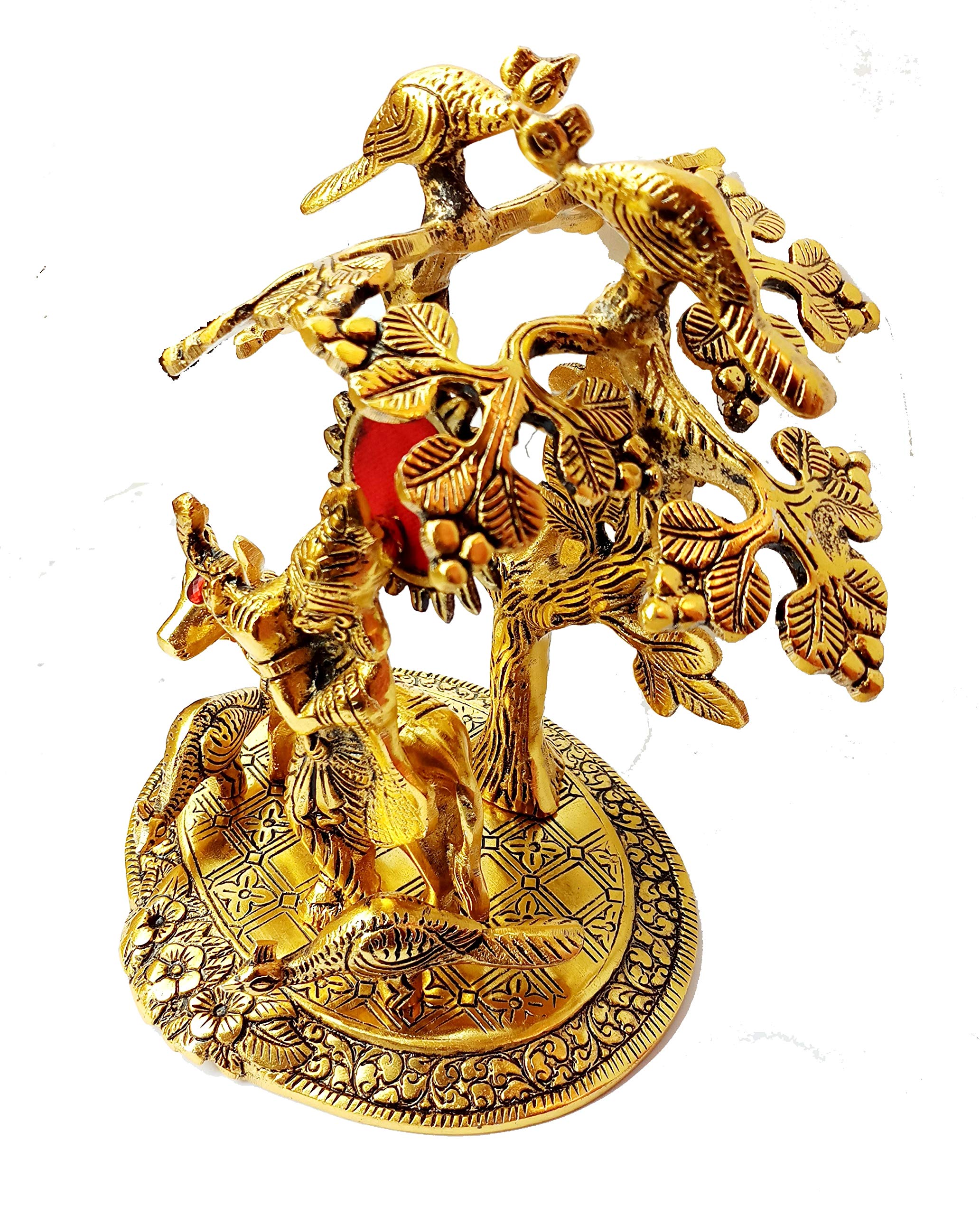 Tree Cow Krishna God Idols Gold Oxidized Finish for Home Decor for Diwali, Corporate Gift Return Gifts