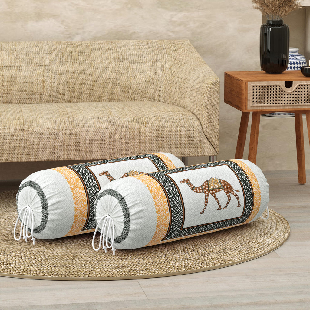 BLOCKS OF INDIA Cotton Hand Block Printed Bolster Cover | Booster Cover with Drawstring | Round Long Pillow Cover for Bed | Dewan Pillow Cover Set 16 X 32 | Set of 2 (Yellow Camel)