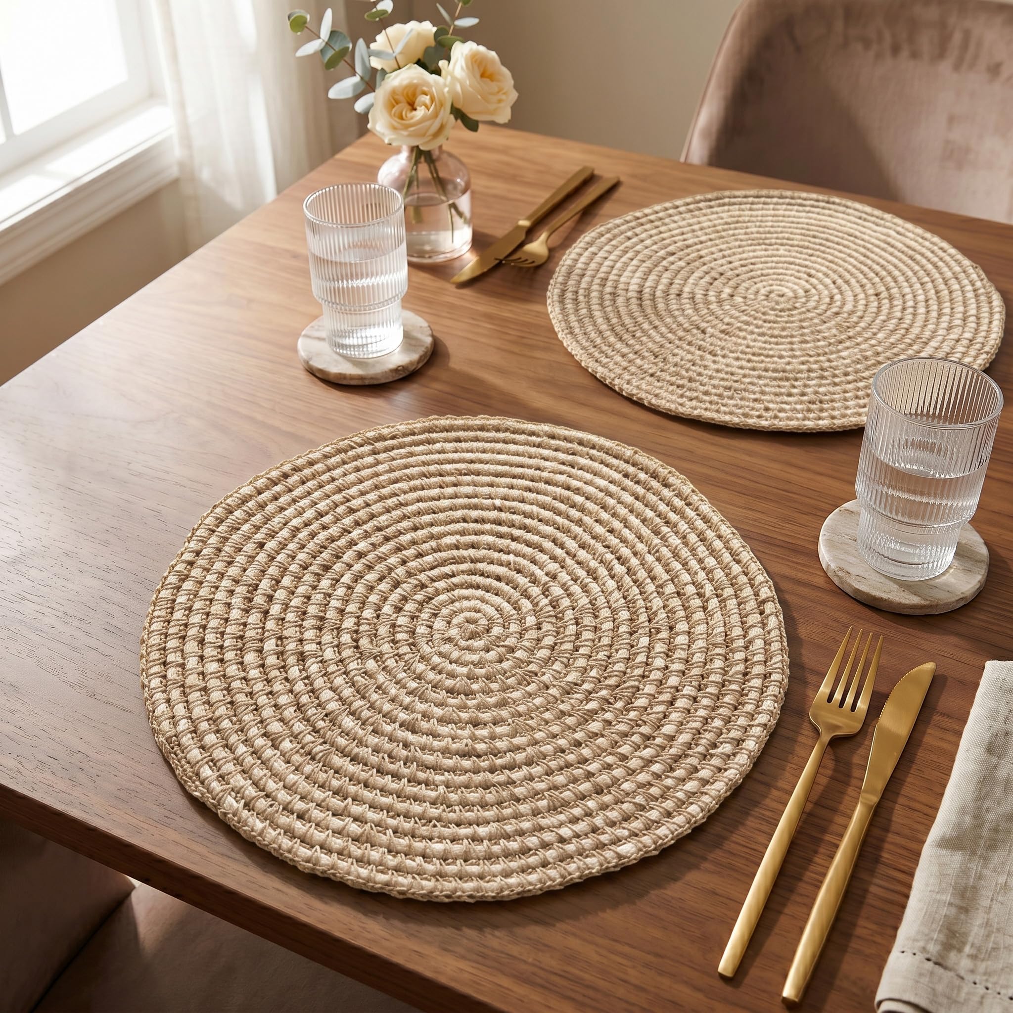 R home Ivory Coastal Coil Handmade Crochet Placemats, Set of 2, 14 Inch Round, 100% Cotton & Jute Thread, Handwoven Boho Table Mats for Dining Table, Coffee Table & Home Décor Kafalo