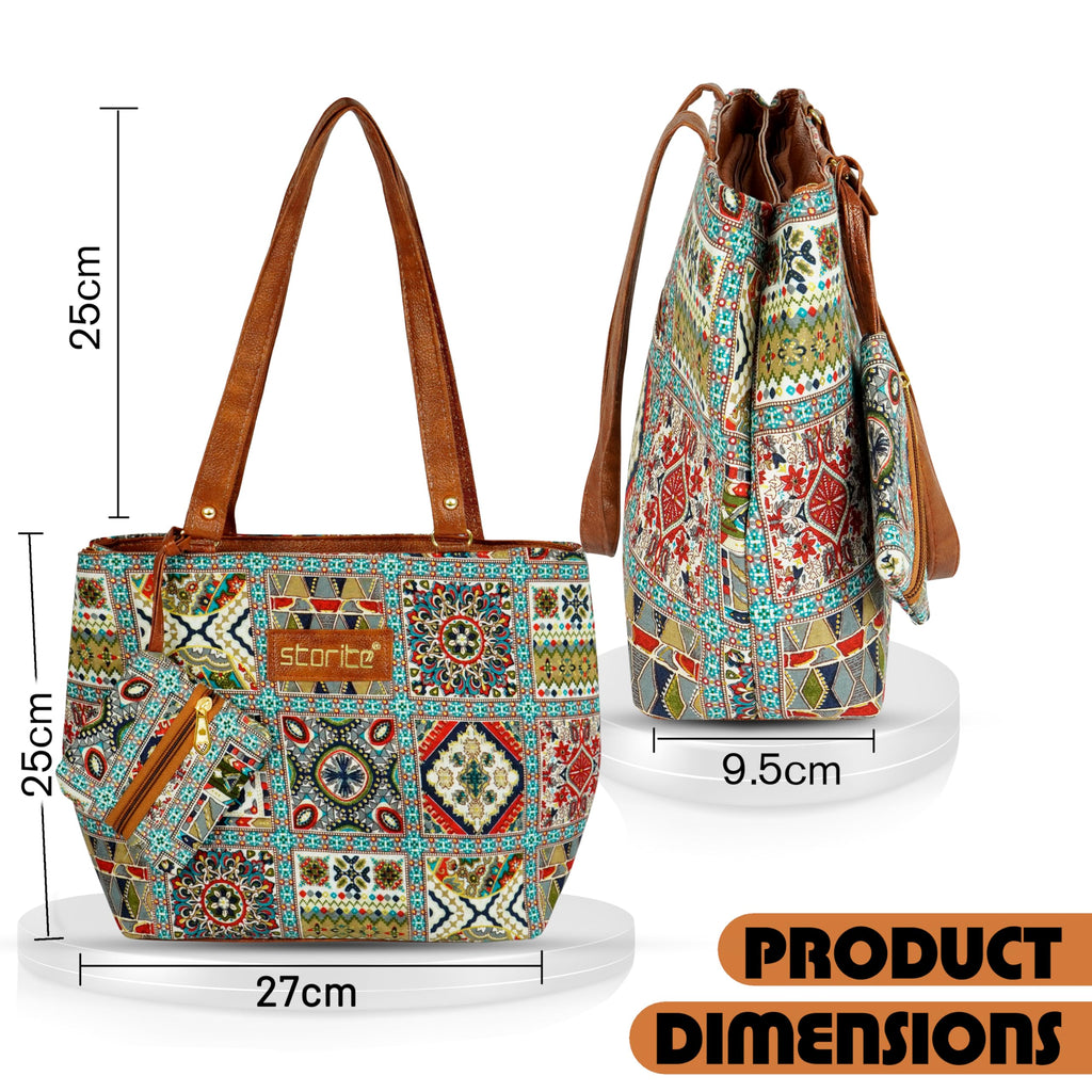 Storite Women's Tote Bag with Leather Handles & Embroidery Printed Handbag with Zip Pockets, Shoulder Tote Bag and Handbag for Office and College (Ethnic Mosaic Patchwork)