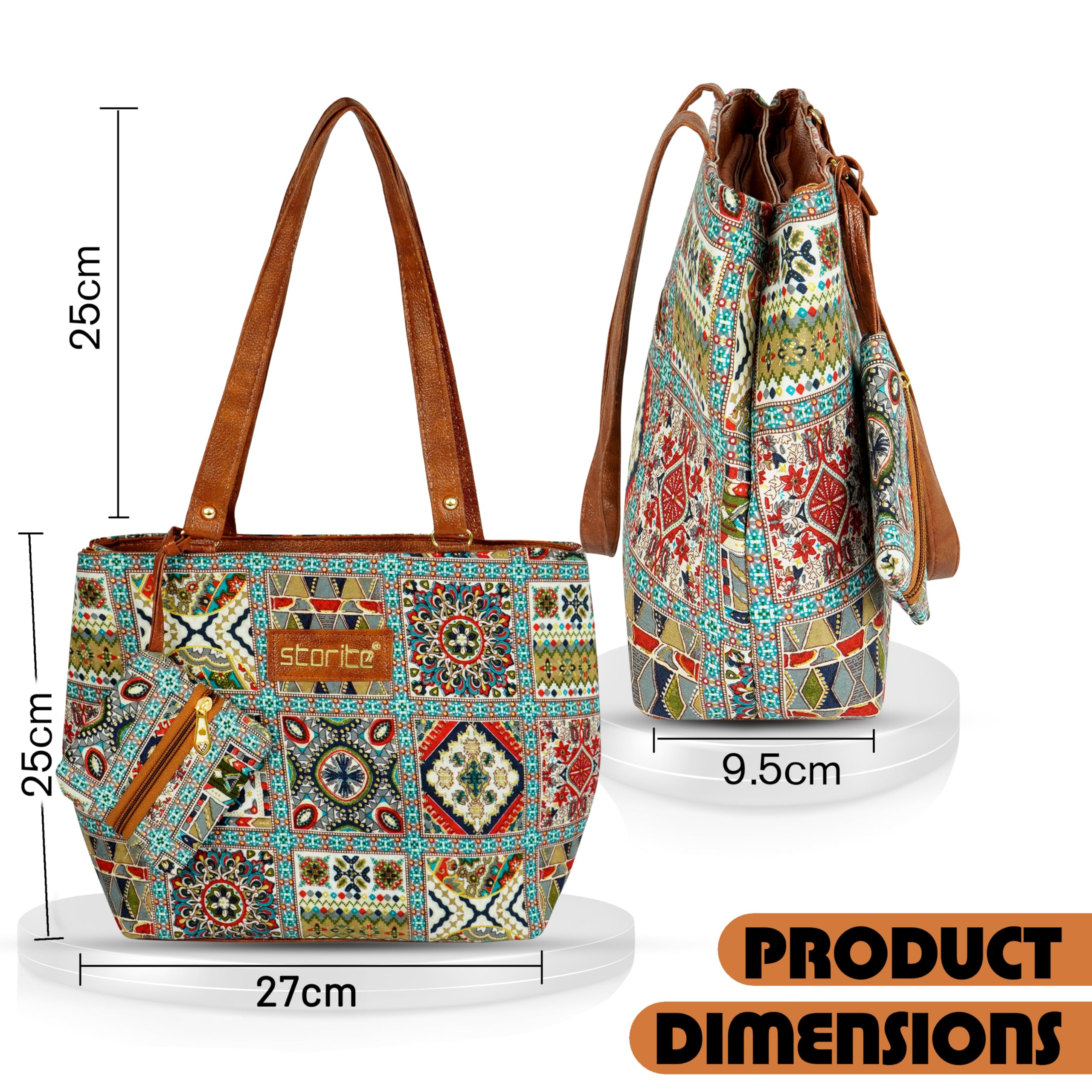Storite Women's Tote Bag with Leather Handles & Embroidery Printed Handbag with Zip Pockets, Shoulder Tote Bag and Handbag for Office and College (Ethnic Mosaic Patchwork)