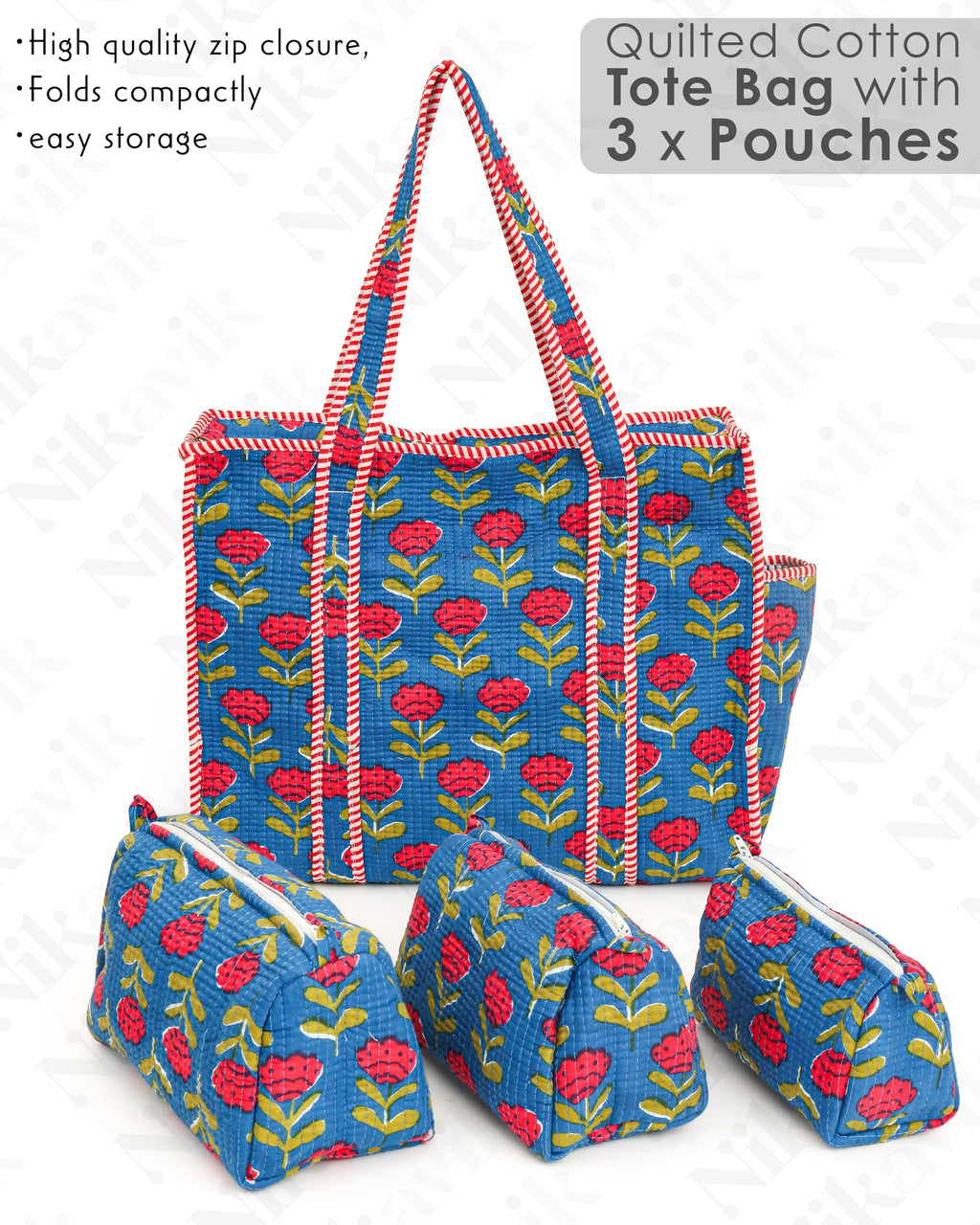 NIKAVIK 1 Tote Bags and 3 Pouch Quilted fabric Handblock Printed Tote Bag(with zip) and bottle compartment with Matching Pouches (Blue Red)