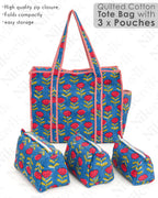 NIKAVIK 1 Tote Bags and 3 Pouch Quilted fabric Handblock Printed Tote Bag(with zip) and bottle compartment with Matching Pouches (Blue Red)