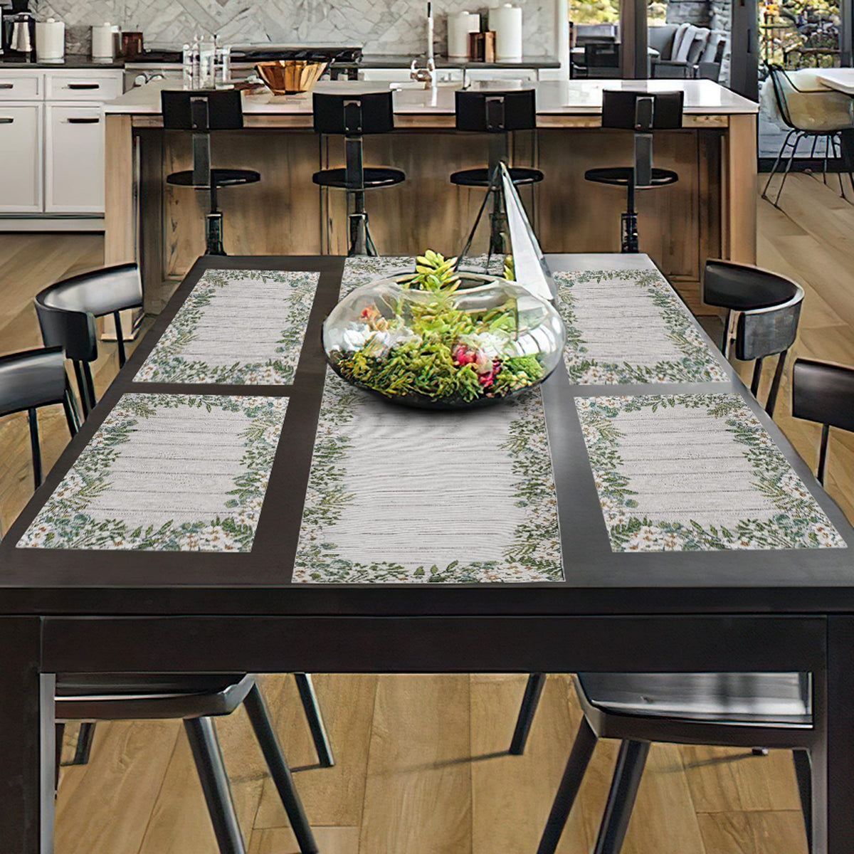 PRAKARTIK BY INDUARTS Daisy Flower Eco-Friendly Cotton Dining Rectangular Table Mat with Runner - Reusable, Machine Washable, Everyday Use Green & White (Set of 4+135 cm Runner) Kafalo