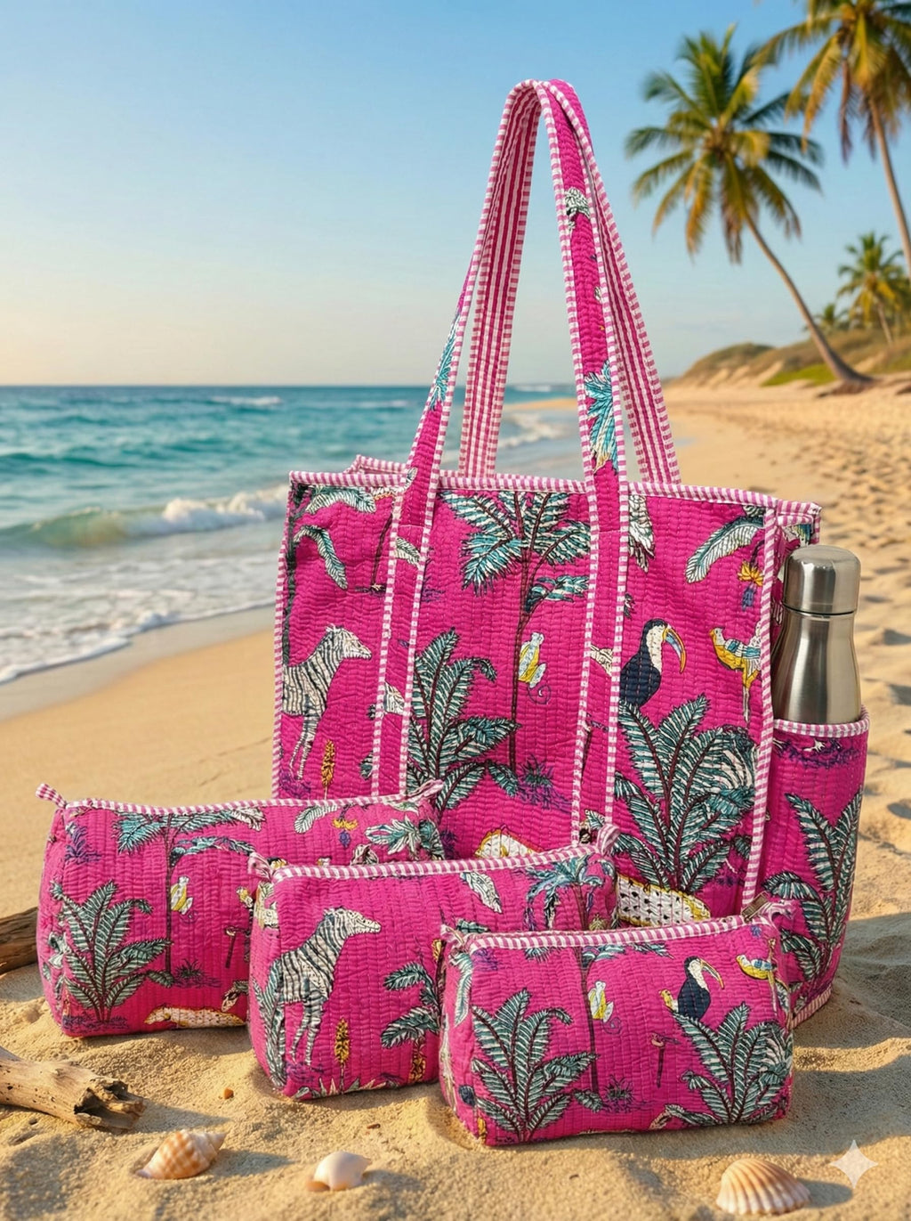 NIKAVIK 1 Tote Bag and 3 Pouches | Jaipuri Quilted fabric Handblock Printed Tote Bag (with zip closure and bottle compartment) with Matching Pouches (Dark Pink)