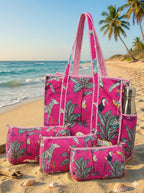NIKAVIK 1 Tote Bag and 3 Pouches | Jaipuri Quilted fabric Handblock Printed Tote Bag (with zip closure and bottle compartment) with Matching Pouches (Dark Pink)