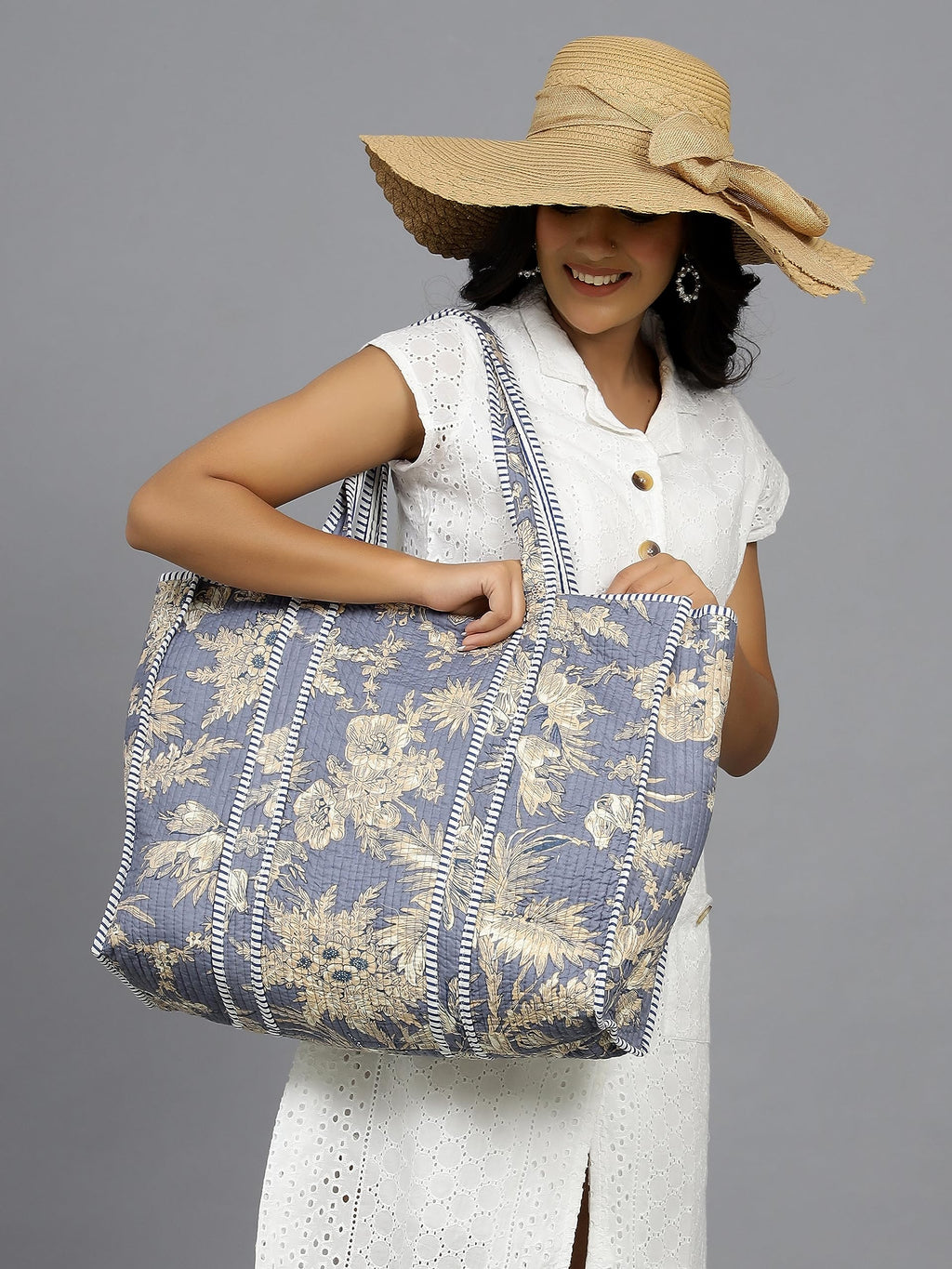 Ravaiyaa - Attitude is everything Women & Man Beautiful Printed Cotton Grocery Shopping Bag | Shoulder Bag | Cotton Tote Bag | Travel Tote Bags 18x5.5x16 Inch (Blue Beige Floral)
