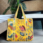 Cotton Quilted Tote Bag for Women, Jungle Print Handbag, Reusable Shoulder Bag with Dual Handles, Lightweight Travel Shopping Tote, Large Capacity Everyday Carry Bag - (Yellow flower bag, 18×18 In)