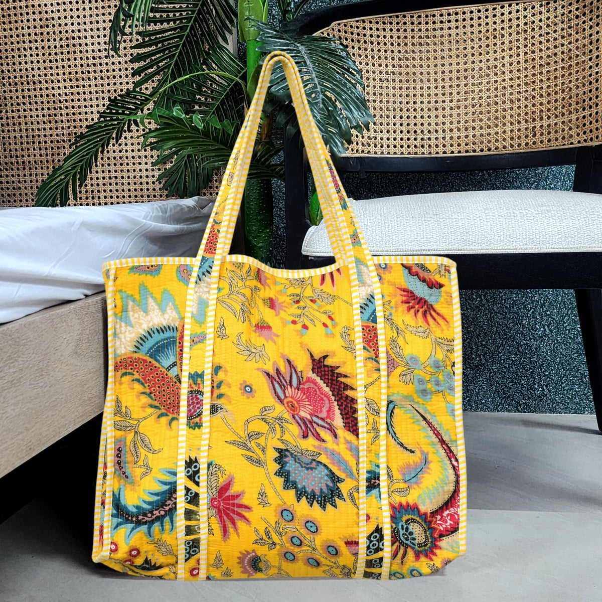 Cotton Quilted Tote Bag for Women, Jungle Print Handbag, Reusable Shoulder Bag with Dual Handles, Lightweight Travel Shopping Tote, Large Capacity Everyday Carry Bag - (Yellow flower bag, 18×18 In)