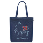 MASQ By Q-One Canvas Happy Embroidered Utility Tote Bags For Women With Zip, College Bag For Girls, 100% Organic Cotton Tote Bag For Traveling & Daily Use