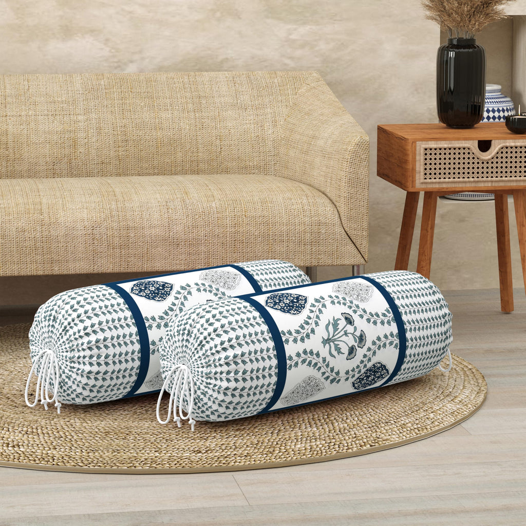 BLOCKS OF INDIA Cotton Hand Block Printed Bolster Cover | Booster Cover with Drawstring | Round Long Pillow Cover for Bed | Dewan Pillow Cover Set 16 X 32 | Set of 2 (Royal Motifs Blue)