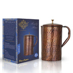 Indian Art Villa Copper Jug Pitcher with Hammered Design - Antique Dark Tone - 1500 ML - Storage & Serving Water for Yoga Ayurveda Healing