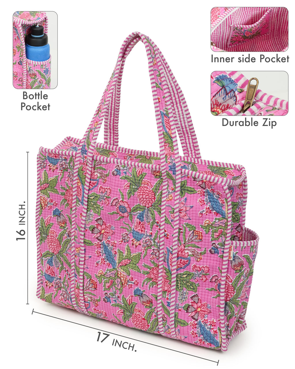 NIKAVIK Quilted Cotton Jaipuri Tote bag (with seperate Bottle Pocket & Zip) – Exotic Animal Print Foldable and Ideal for Travel Shopping Beach Trips or Daily Essentials (Pink Multi)