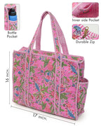 NIKAVIK Quilted Cotton Jaipuri Tote bag (with seperate Bottle Pocket & Zip) – Exotic Animal Print Foldable and Ideal for Travel Shopping Beach Trips or Daily Essentials (Pink Multi)