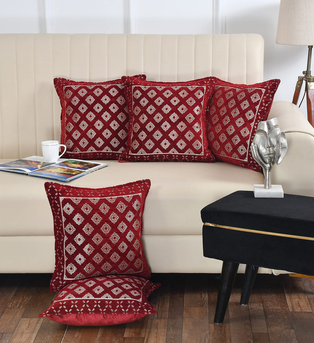DECOMIZER Jacquard Geomteric Cushion Covers 16 Inch X 16 Inch Set Of 5 Ethnic Motifs 240 TC Cushion Covers,Design- Diamond,Color- Maroon