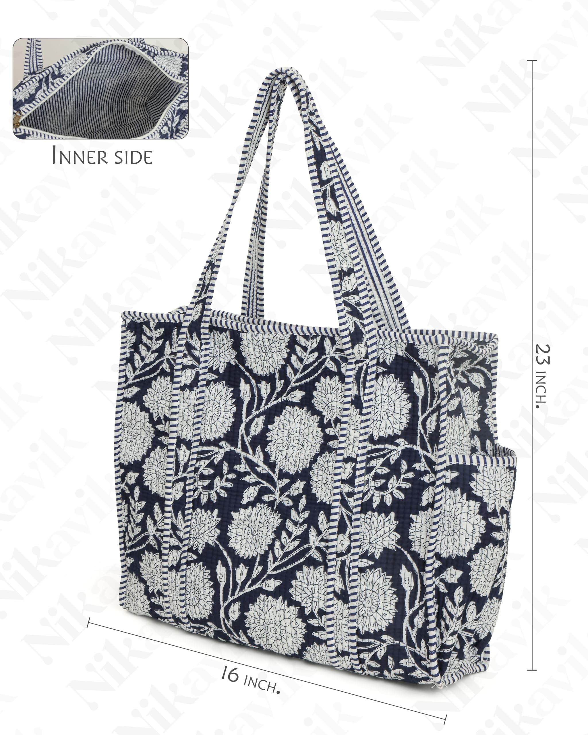 NIKAVIK Quilted Cotton Tote bag – Exotic Animal Print Foldable and Ideal for Travel Shopping Beach Trips or Daily Essentials (Black white)