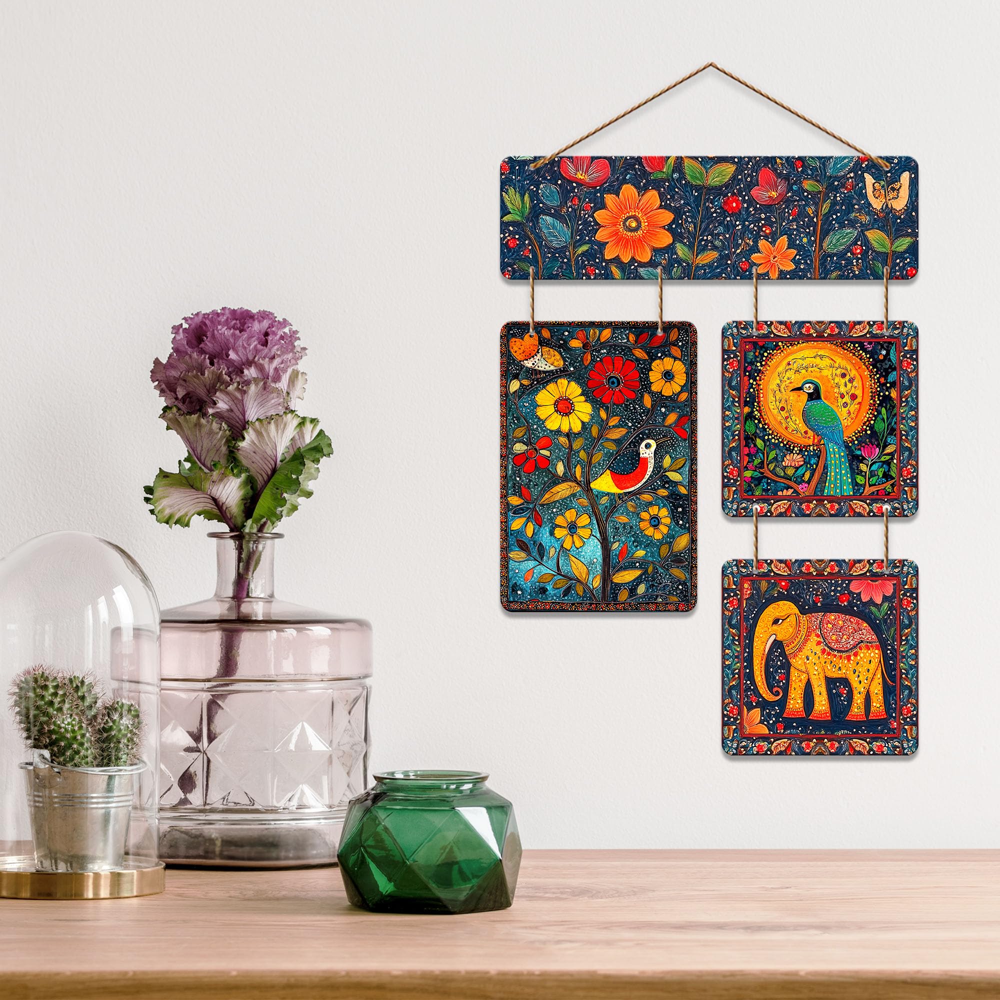 Artvibes Floral Peacock & Elephant Indian Folk Art Wooden Art Decoration Item for Home | Living Room | Office | Wall Art Painting For Hall | Graphic Artwork | Wall Poster | Unique Gift (WH_6530N)