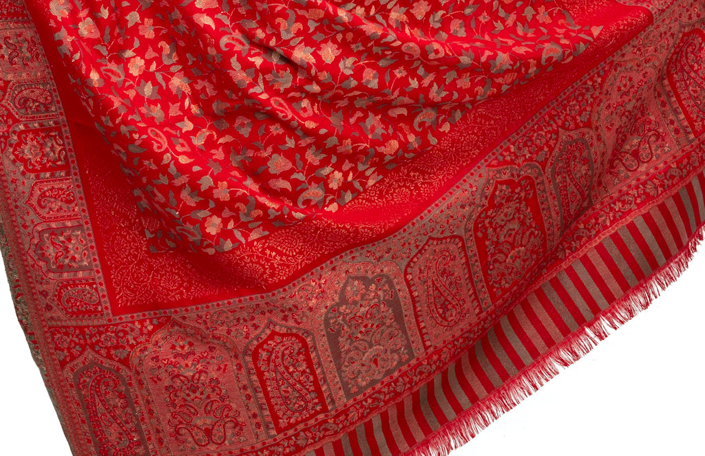 Naureen Women Faux Pashmina Kani Shawl with Mughal Artwork and Zari Accents, Warm and Soft, 40x80 inch