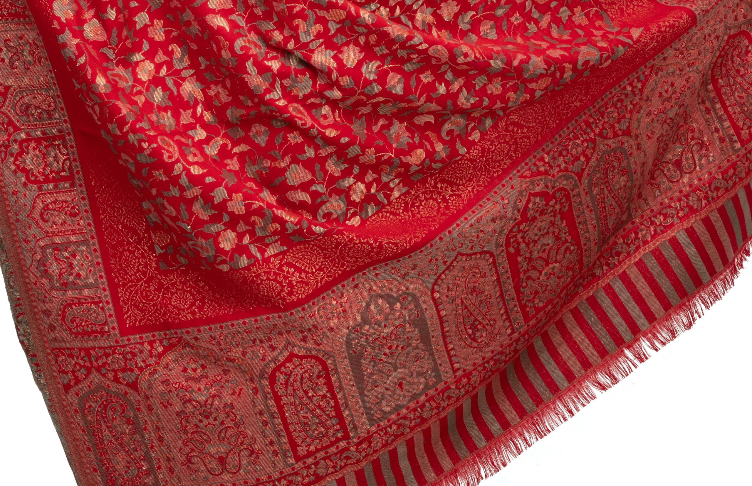 Naureen Women Faux Pashmina Kani Shawl with Mughal Artwork and Zari Accents, Warm and Soft, 40x80 inch
