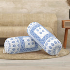 BLOCKS OF INDIA Cotton Hand Block Printed Bolster Cover | Booster Cover with Drawstring | Round Long Pillow Cover for Bed | Dewan Pillow Cover Set 16 X 32 | Set of 2 (Blue Motifs)