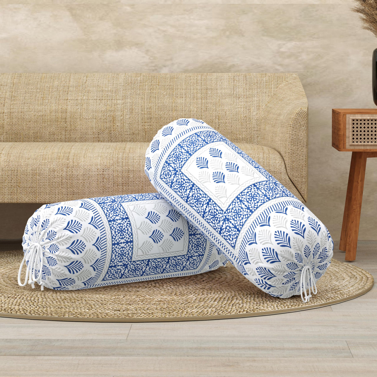 BLOCKS OF INDIA Cotton Hand Block Printed Bolster Cover | Booster Cover with Drawstring | Round Long Pillow Cover for Bed | Dewan Pillow Cover Set 16 X 32 | Set of 2 (Blue Motifs)